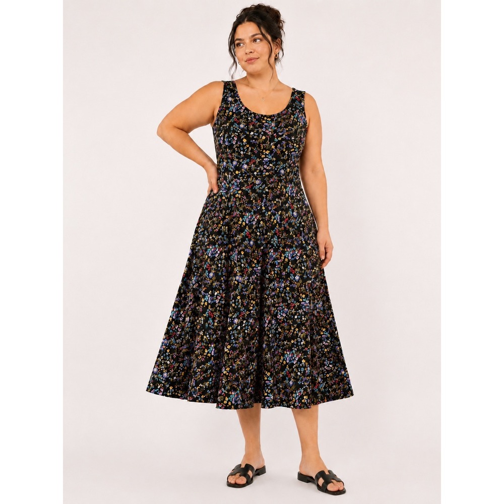 Jeffrey & Dara Womens Floral Midi Dress 20 Vintage Cottagecore Black Fit Flare